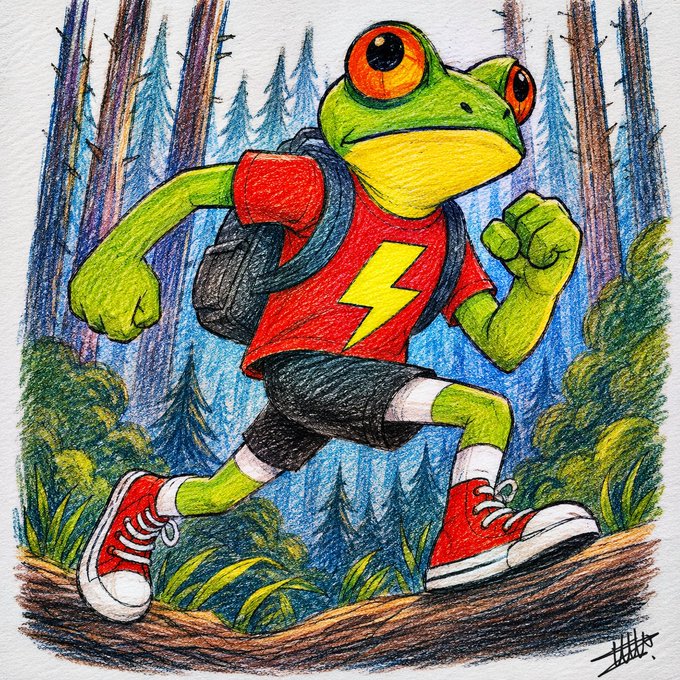 A colorful hand-drawn illustration of a muscular green frog with red eyes wearing a red shirt with a lightning bolt, red sneakers, and a backpack, running through a forest.
