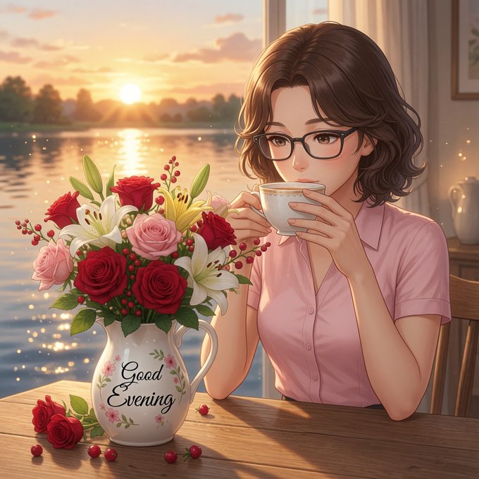 An illustrated anime-style image of a woman with glasses and a pink shirt sipping from a teacup at sunset, with a floral pitcher labeled "Good Evening" filled with roses and lilies on a wooden table beside a lake.