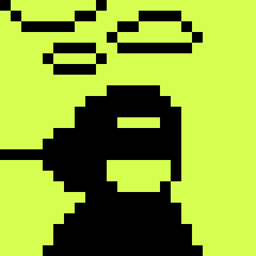 A pixel art image showing a black figure with a forked tongue on a bright yellow-green background.