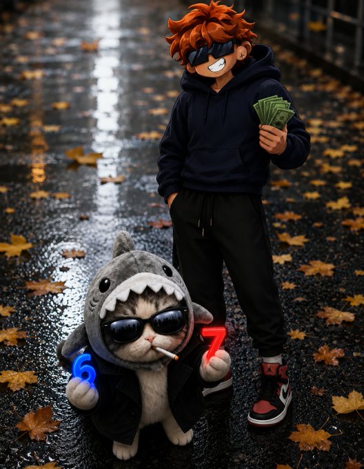 A 3D-style digital illustration features a character with red hair and sunglasses holding cash, standing next to a cat wearing a shark costume and sunglasses that is holding glowing numbers '6' and '7' on a wet, leaf-strewn street.