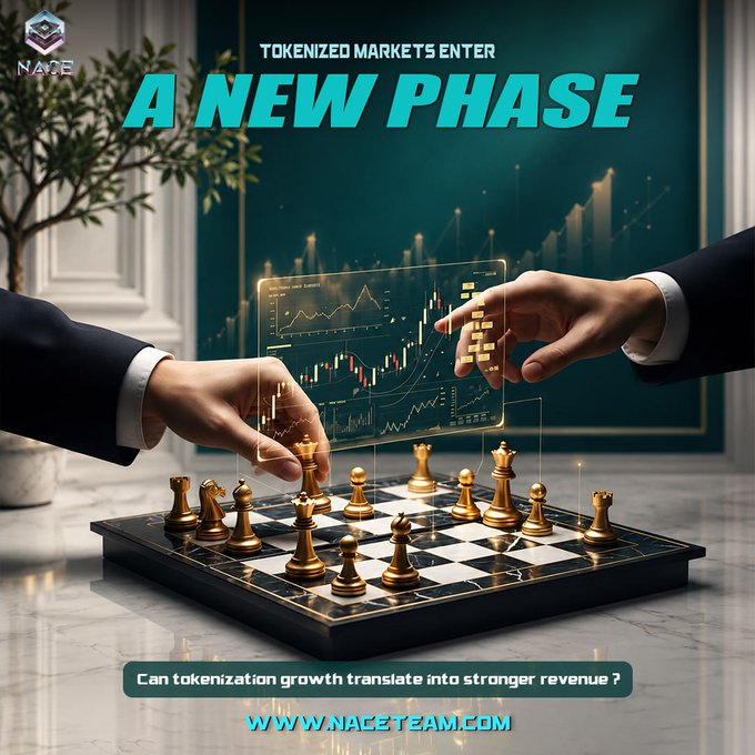 A sleek promotional graphic showing two hands hovering over a golden chessboard with an illuminated trading chart floating above it, featuring the headline "TOKENIZED MARKETS ENTER A NEW PHASE," the tagline "Can tokenization growth translate into stronger revenue?" and the website "WWW.NACETEAM.COM." The chess and chart imagery visually reinforces the post's theme of Wall Street's growing adoption of tokenization and the strategic evolution of digital finance tracked by NACE.