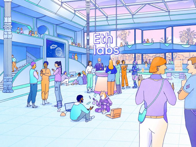 The image depicts a group of people gathered around a laptop computer inside an office building. The scene shows several individuals sitting or standing near the laptop while others are engaged with their cell phones, possibly checking messages or browsing social media. A few people can be seen holding handbags and wearing backpacks. The overall atmosphere suggests that these people might be working on a project related to Ethereum, as indicated by the post about Ethlabs.