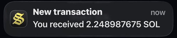 A notification banner showing a new transaction alert: 'You received 2.248987675 SOL' with a yellow Solana logo on the left side.