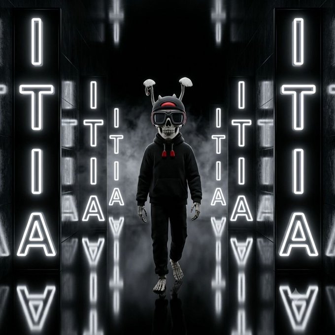 A skeleton character wearing a hoodie, sunglasses, and bunny ears walks through a dark corridor lined with glowing neon signs spelling 'ITALIA'.