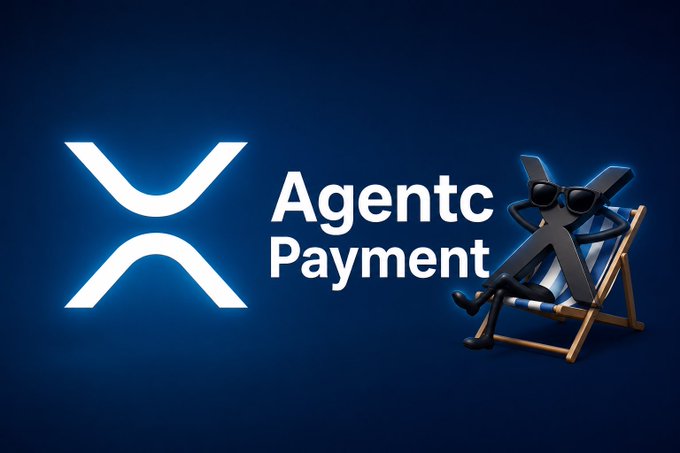 The image features the XRP logo (a stylized white "X") alongside the text "Agentc Payment" on a dark blue background, with the letter "X" personified as a black stick figure wearing sunglasses and relaxing in a beach chair. The caption ties together with the post about XRPL surpassing 1 million agent transactions, highlighting XRP's growing role in agent-based payment infrastructure despite its smaller scale compared to Base and Solana.