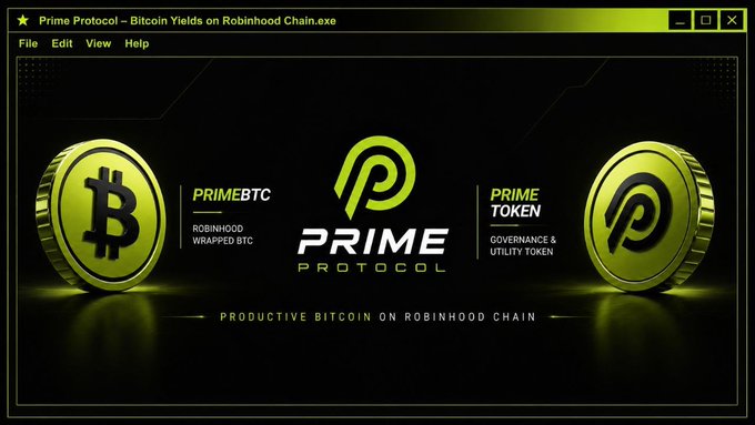 A retro Windows-style dialog box for 'Prime Protocol' promoting 'Productive Bitcoin on Robinhood Chain,' featuring PrimeBTC (Robinhood Wrapped BTC) and Prime Token (Governance & Utility Token) with gold Bitcoin and logo coins.