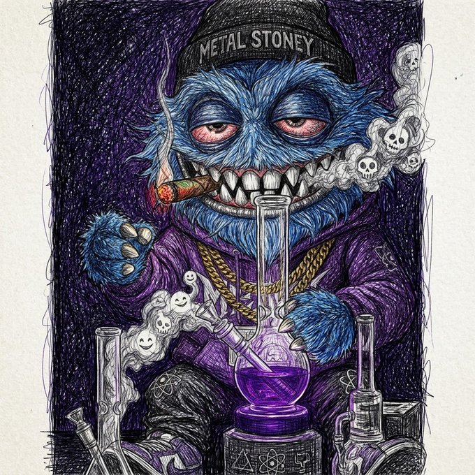 An illustration of a blue furry monster wearing a 'METAL STONEY' beanie, smoking a cigar, and surrounded by smoking beakers, skulls, and chains.
