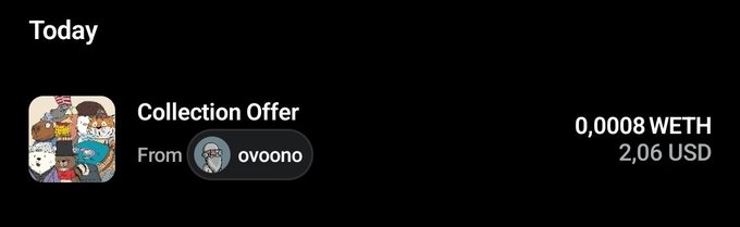 A dark-themed digital interface shows a 'Collection Offer' of '0,0008 WETH' (2,06 USD) received today from user 'ovoono'.