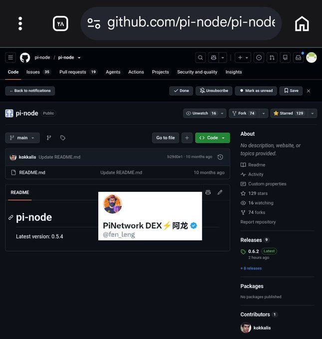 A mobile screenshot of a GitHub repository page for 'pi-node/pi-node', showing it is a public repository with 129 stars and 74 forks, containing a README.md file.