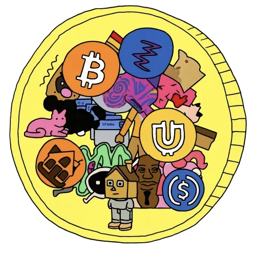 A yellow banner reading "SCAN-INDEX >> SHEET 001 of 021" tops an illustration of a person peering out from a hole filled with assorted cartoon items and cryptocurrency coin logos. The caption references the contract address 0x8a907356e8b21815cbb99efd65143e89b9917777, tying the meme-like image to an "OG ticker" token launch.