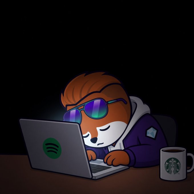 A digital illustration of a cartoon fox character wearing rainbow sunglasses and a purple hoodie typing on a laptop with a Spotify logo, accompanied by a Starbucks mug on a dark background.