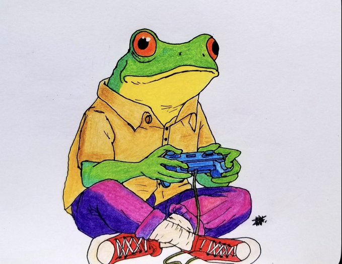 A vibrant hand-drawn illustration depicts a green frog wearing a yellow shirt, purple pants, and red sneakers, sitting cross-legged and intensely focused on a video game controller. The image symbolizes gaming and casual leisure, connecting to the post's mention of "$ZSWAP" being usable within "ZYGO Games" for casino-style gameplay with up to 50x potential and weekly leaderboard competitions.