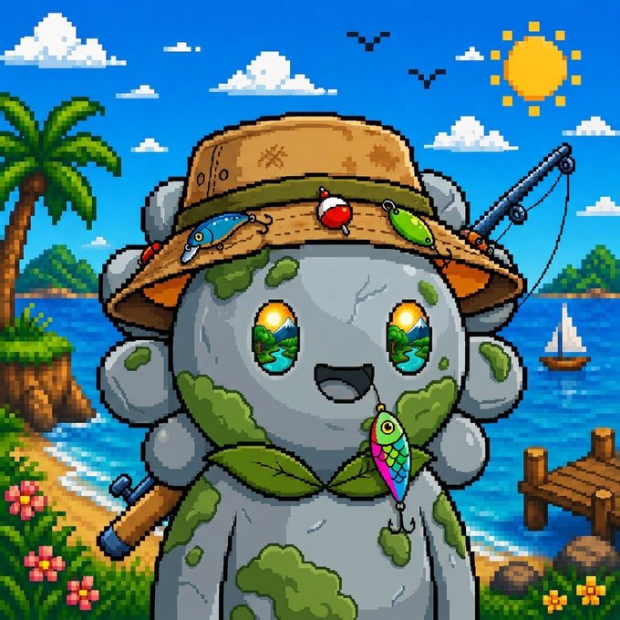 A pixel art illustration of a cute gray stone creature wearing a brown bucket hat decorated with fishing lures, with a fishing rod and colorful lure in its mouth, set against a tropical beach backdrop with palm trees and a sailboat.