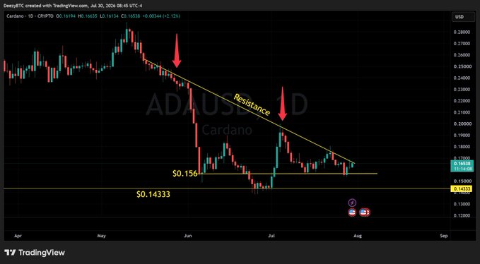 A TradingView candlestick chart for Cardano (ADA/USD) showing a 'Resistance' trendline with key support levels marked at $0.156 and $0.14333.