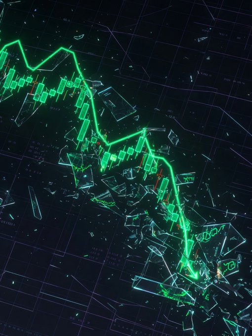A green downward-trending financial candlestick chart overlaid on shattered glass, symbolizing a market crash or economic decline.