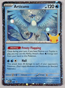 An Articuno Pokémon trading card with 120 HP, featuring 'Frosty Flapping' and 'Hail' abilities.