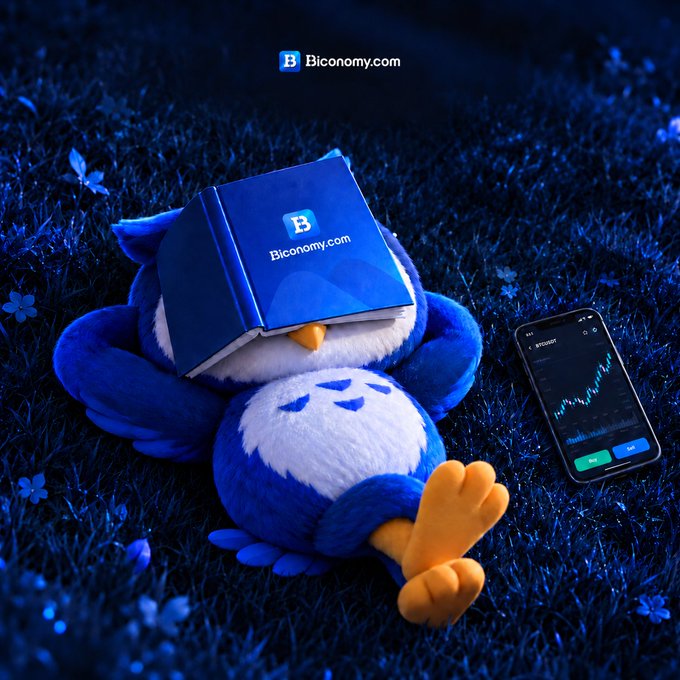 A blue penguin plushie lies on its back on dark grass wearing a blue book with the 'B Biconomy.com' logo, next to a smartphone displaying a trading chart.