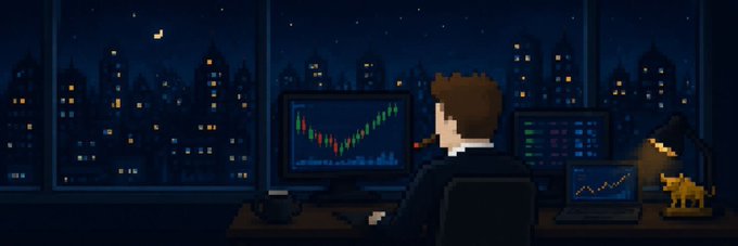 Pixel-art illustration of a person trading cryptocurrency at night, monitoring rising and falling price charts and market data on multiple screens.