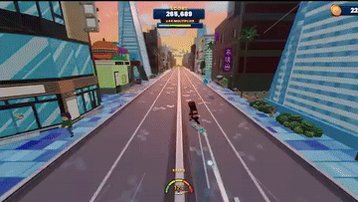 The image shows a video game scene featuring a person riding a skateboard down an empty street, with buildings lining both sides of the road. The player's character has just completed grinding a rail on their skateboard, indicating that they have gained experience points or completed a level in the game.