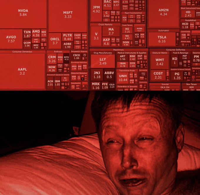 A man lies in bed illuminated by red light, with stock tickers like NVDA, MSFT, AAPL, TSLA, and JPM displayed above him.