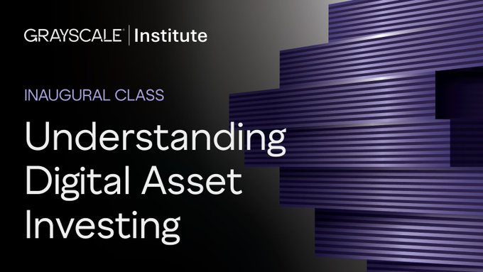 A promotional graphic for Grayscale Institute's inaugural class titled "Understanding Digital Asset Investing," featuring the organization's logo and bold white text on a dark background with purple geometric block design elements. The image relates to the post by establishing a foundational educational context for digital asset investing, complementing the discussion of Hyperliquid's transparent onchain trading environment.