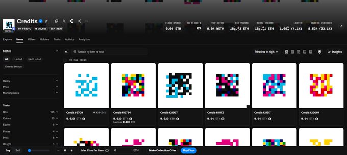 A screenshot of the "Credits" dashboard by Jack Butcher shows a grid of colorful pixelated artworks generated from transaction IDs, with ETH pricing displayed at 0.04 ETH, a 24h volume of 28g.73 ETH, and 1,637 listed items. The interface supports the post's explanation that each $8 X Money payment becomes a complete artwork (Credit) tied to a transaction ID.