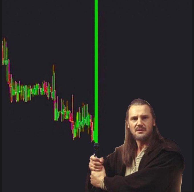 A man with long hair holds a green lightsaber against a dark background, overlaid with a colorful descending candlestick stock chart.