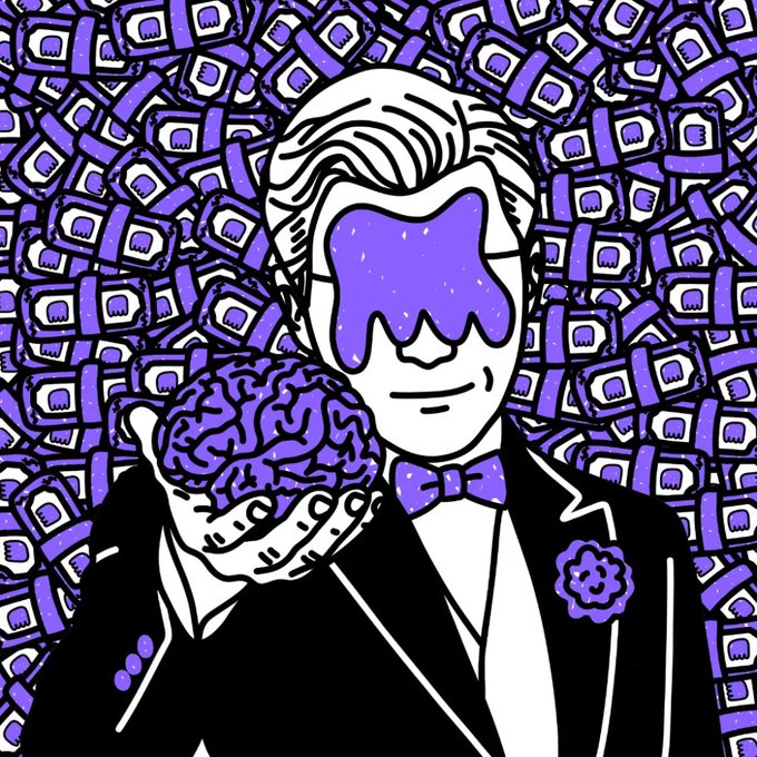 A stylized illustration shows a well-dressed figure in a tuxedo with a purple bow tie and boutonniere, holding a purple brain, set against a patterned purple background, with purple slime dripping where eyes would be. The surreal, brain-themed artwork complements the raffle post by @KrakMask on Blowfly World, using vivid purple tones to visually reinforce the mysterious, psychedelic vibe of the giveaway.
