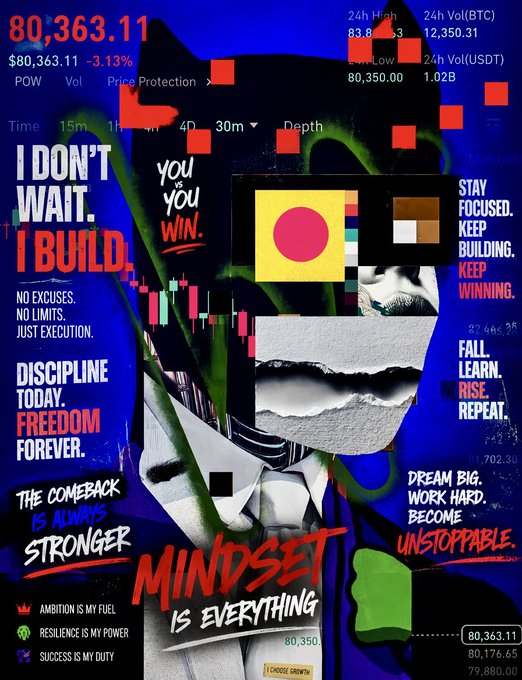 Trading mindset collage with Bitcoin price charts at $80,363.11 and motivational text like 'MINDSET IS EVERYTHING', 'I DON'T WAIT. I BUILD.', and 'THE COMEBACK IS ALWAYS STRONGER'.