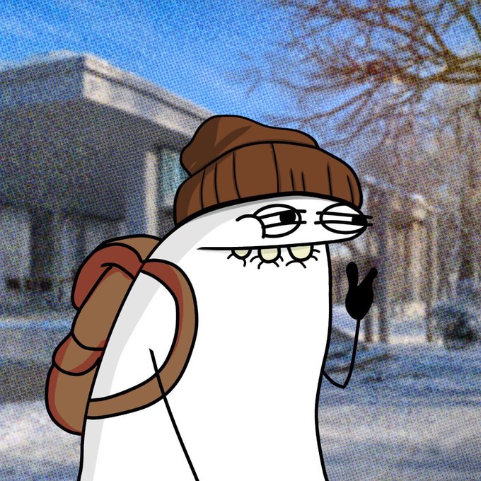 A cartoon white character wearing a brown knit beanie, wire-rimmed glasses, and a brown backpack flashes a peace sign in front of a snowy winter background with bare trees and a building.