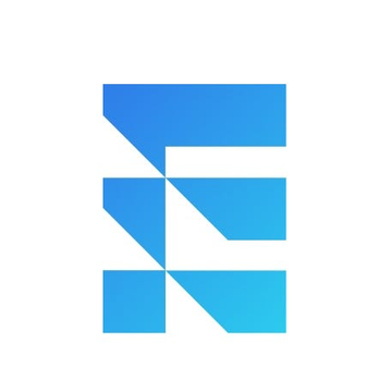 A geometric logo composed of blue and light blue shapes forming an abstract letter design on a white background.