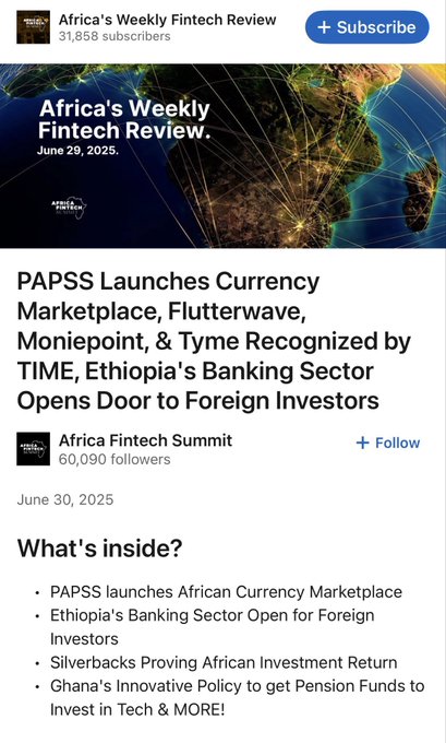 A YouTube channel page for 'Africa's Weekly Fintech Review' featuring an article titled 'PAPSS Launches Currency Marketplace, Flutterwave, Moniepoint, & Tyme Recognized by TIME, Ethiopia's Banking Sector Opens Door to Foreign Investors.'
