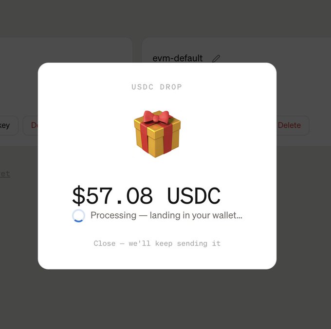 The image shows a "USDC DROP" notification displaying $57.08 USDC being processed and landing in a wallet, with text reading "Close - we'll keep sending it." This relates to the post by mocking impatience with MoonPay by humorously showing that USDC is already being sent/credited to the wallet without needing MoonPay's services.