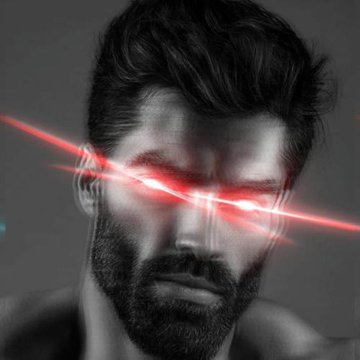 A black-and-white close-up portrait of a bearded man with a red laser beam striking across his eyes against a dark background.