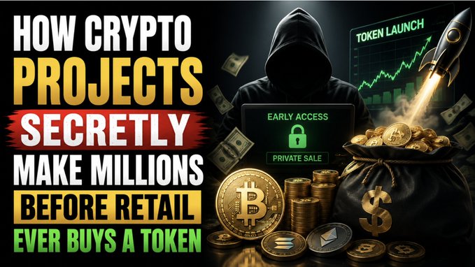 A YouTube thumbnail-style graphic with text "HOW CRYPTO PROJECTS SECRETLY MAKE MILLIONS BEFORE RETAIL EVER BUYS A TOKEN," showing a hooded figure, gold coins, a Bitcoin, a rocket, and an "EARLY ACCESS PRIVATE SALE" laptop.
