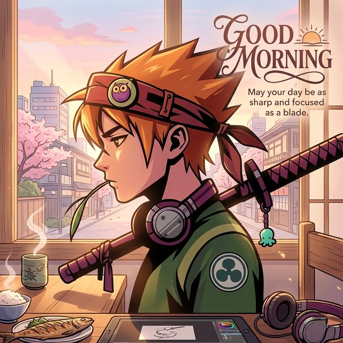 A stylized anime warrior with orange hair, a headband, and a katana sits at a window with cherry blossoms, sipping tea, while digital art tools and a breakfast spread rest on the table. The "Good Morning" text and samurai imagery reinforce the post's bullish, disciplined "builder" energy toward @base.