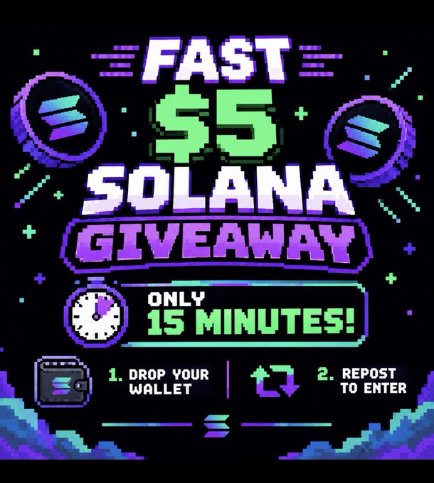 A pixel-art promotional graphic announces a "$5 Solana Giveaway" with bold purple and green retro styling, featuring Solana logos, a stopwatch icon, and instructions stating "Only 15 Minutes!" alongside step-by-step entry requirements to "1. Drop Your Wallet" and "2. Repost to Enter." The image visually reinforces the post's urgent crypto giveaway campaign with matching text and time-sensitive urgency cues.
