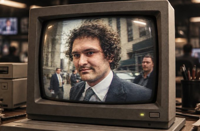 An old CRT television displays a broadcast of a curly-haired man in a suit, sitting on a desk in an office environment.