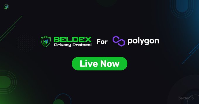 A promotional graphic for Beldex Privacy Protocol for Polygon featuring the Beldex shield logo and "Live Now" call-to-action button. The image visually supports the announcement that Beldex's Privacy Protocol is now live on the Polygon network, enabling private transfers for assets beyond just BDX.
