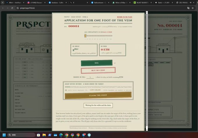 A screenshot of the "prspct.xyz" website displays a digital gold-rush-themed application form titled "APPLICATION FOR ONE FOOT IN THE VEIN," currently on form #000014, with a claim status showing "0 ETH" and a "Waiting for the roller and the chain" message, alongside instructions to claim an asset based on holding an Ethereum address and an Opensea market link.