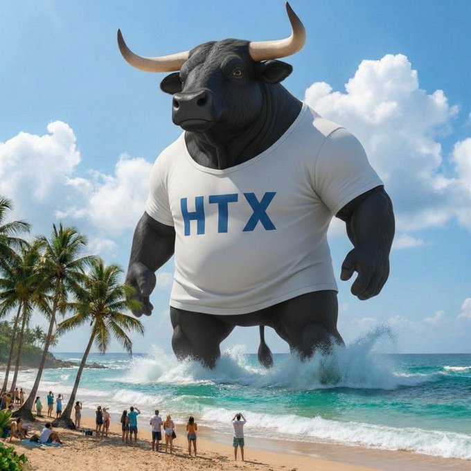 A colossal bull wearing a white t-shirt emblazoned with "HTX" stands towering over a tropical beach, with tiny onlookers gazing up in awe as waves crash around its hooves—perfectly embodying the post's bullish "gm" energy.