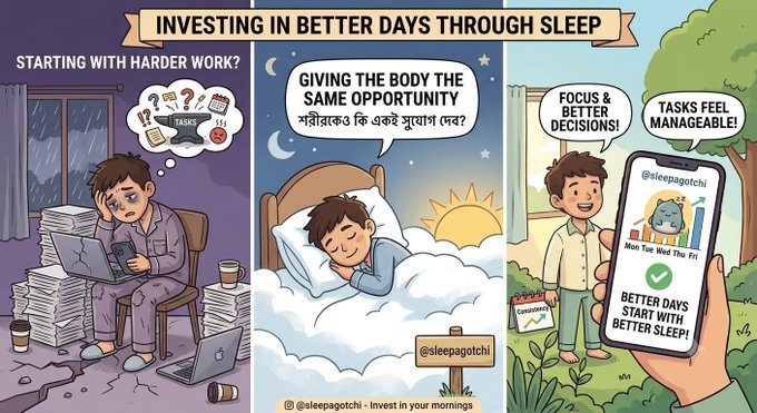 A three-panel comic titled 'INVESTING IN BETTER DAYS THROUGH SLEEP' depicting a stressed person working late, then sleeping peacefully with a sign '@sleepagotchi,' and finally holding a smartphone showing the app with the message 'BETTER DAYS START WITH BETTER SLEEP!'.