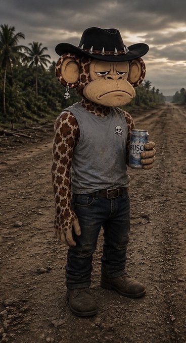 A melancholic anthropomorphic monkey character wearing a studded black cowboy hat, gray tank top, and jeans stands on a desolate dirt road while holding a can of Bruso Light, embodying the downcast mood of the $BAYLA meme.