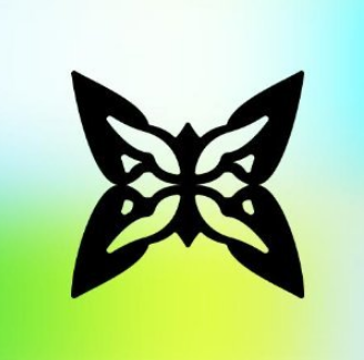 Black butterfly logo on a gradient green and blue background.