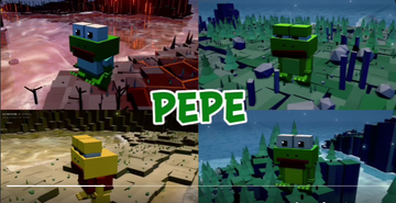 A Minecraft-style image featuring a green frog-like character in four different biome environments with the word 'PEPE' displayed prominently in the center.