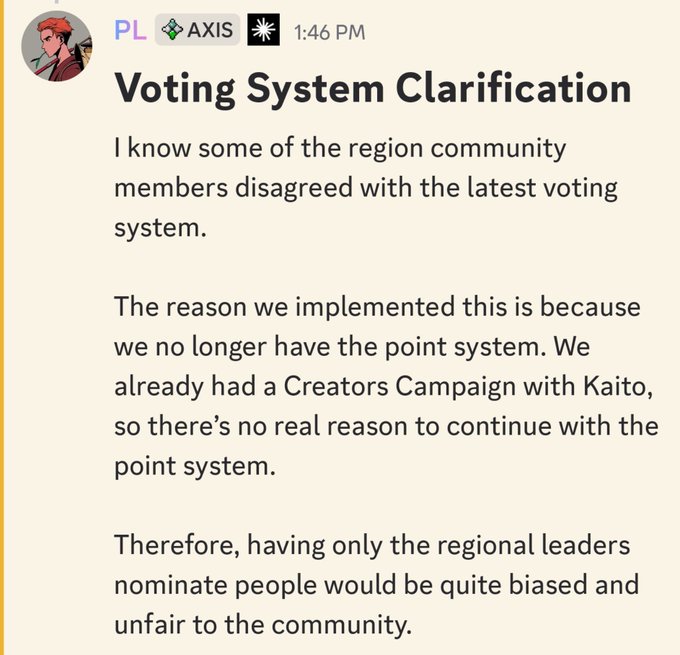 A message titled 'Voting System Clarification' from users 'PL' and 'AXIS' explaining changes to a community voting system after discontinuing a point system.
