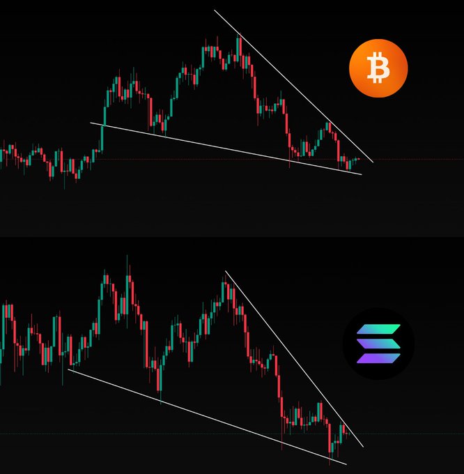 A side-by-side comparison of weekly candlestick charts for Bitcoin ($BTC) and Solana ($SOL), both showing descending wedge patterns highlighted by converging trendlines, indicating potential bullish breakouts following significant drawdowns from their highs.