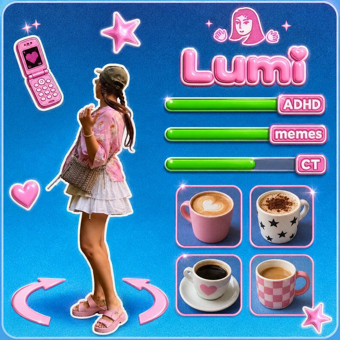 A pink Y2K-style graphic featuring 'Lumi' with progress bars labeled 'ADHD', 'memes', and 'CT', along with a girl in pink clothing and various coffee cups.