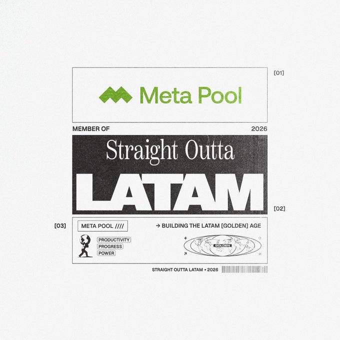 The image features a white background with black text that reads "Straight Outta LATAM" at the top, followed by a list of things to do or resources available for users. The text also includes a reference to Meta Pool, which is an online platform where people can stake their tokens and access various services.