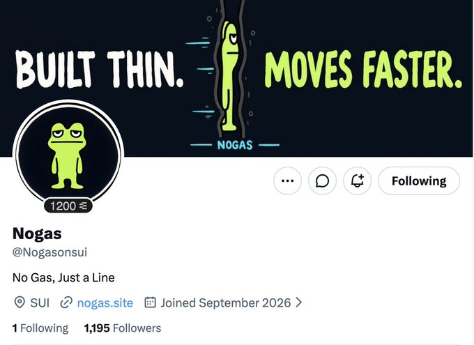 A Twitter account for @Nogasonsui (Nogas) on SUI displays a banner reading "Built Thin. Moves Faster." alongside a green cartoon frog mascot, with 1,195 followers and the tagline "No Gas, Just a Line." The account promotes the $NOGAS token, the first presale on @blastdotfun, raising $25,000 with a $63,000 FDV out of a 1B total supply.